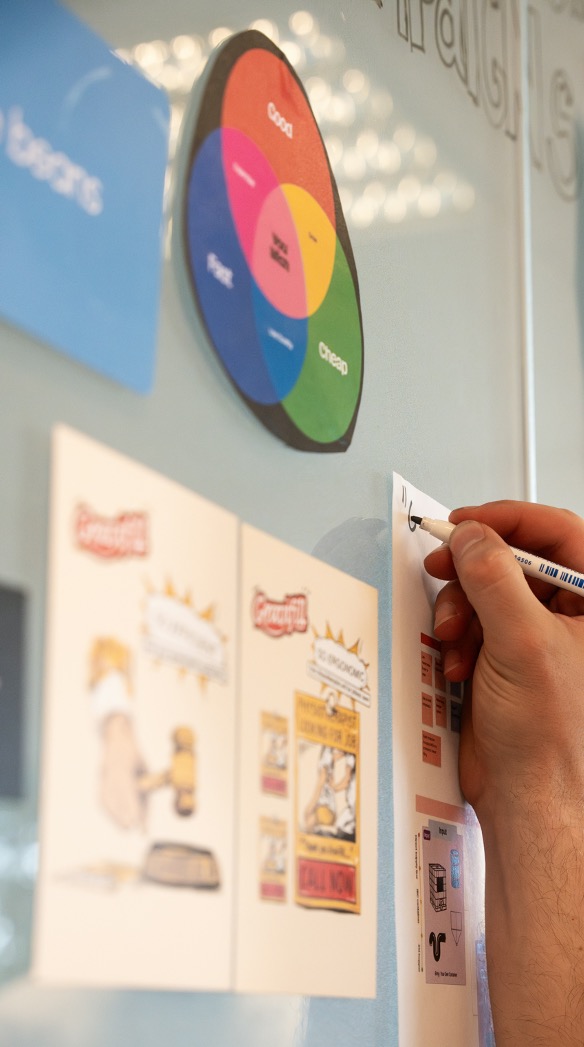 Researcher annotating product packaging concepts